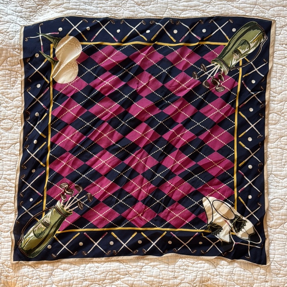Plaid Silk Scarf with Golf Design